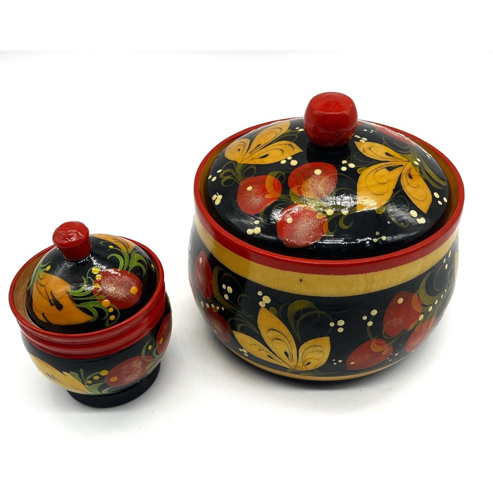 Vintage 2 Piece Russian Khokhloma Wooden Lacquered Jars with Lid